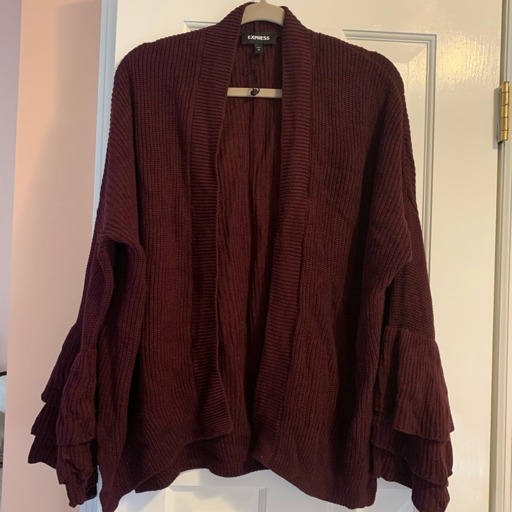 NWOT! Express Maroon Cardigan with Ruffles detail